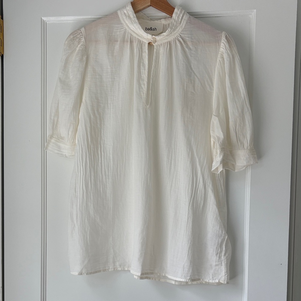 ba&sh Ivory Puff Sleeve Ruffle Neck Blouse